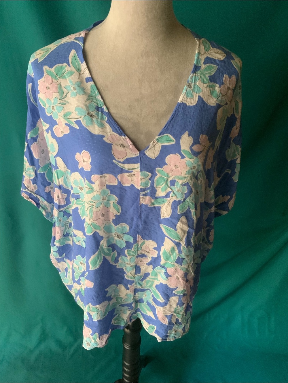 JODIFL Blue Floral V-Neck Top with Pink & Mint Accents
